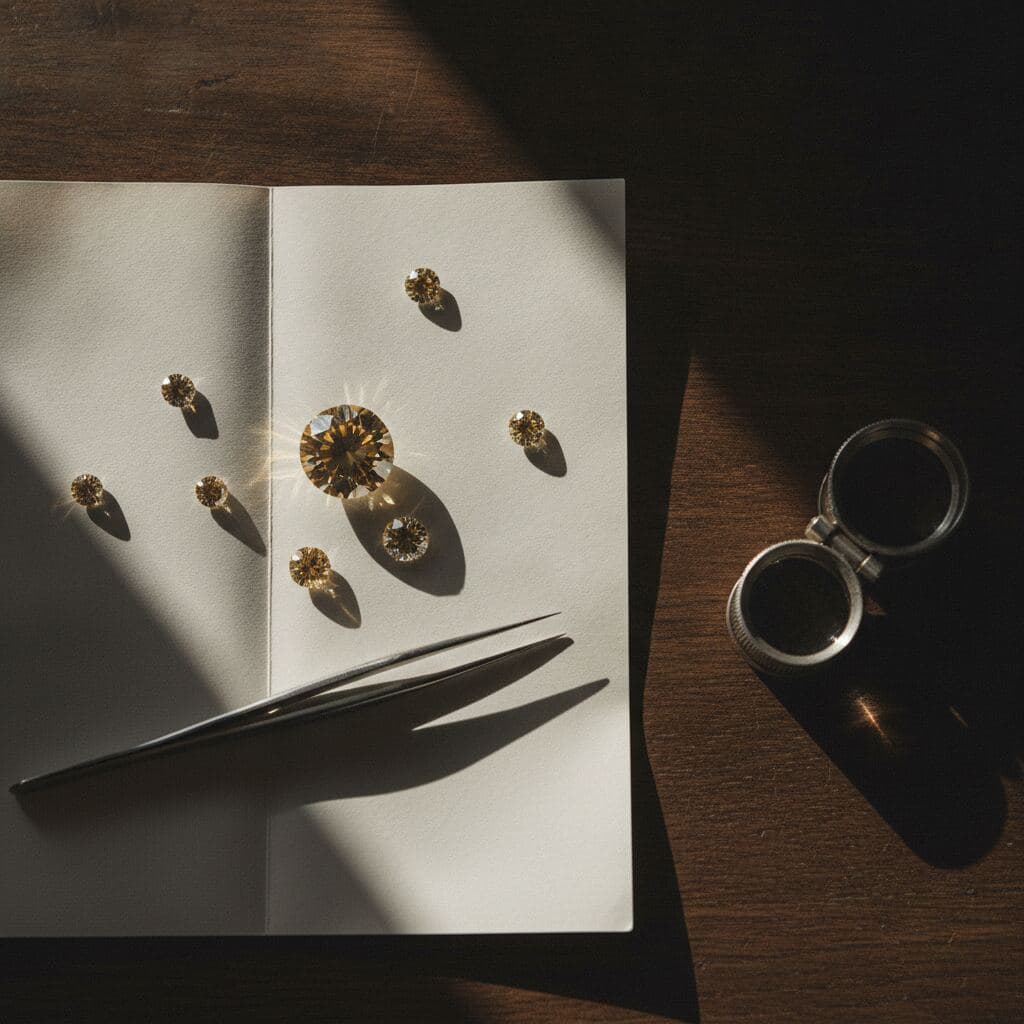 Sieben lose Brillanten unterschiedlicher Größe auf geöffnetem Steinpapier
