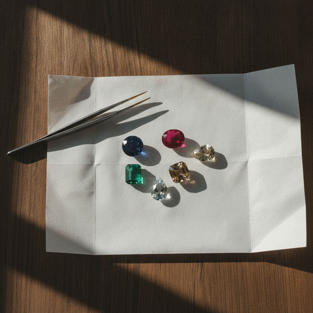 Lose Farbedelsteine — Saphir, Smaragd, Rubin, Aquamarin und Citrine — auf Steinpapier