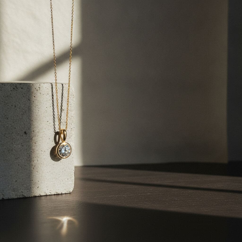 Platincollier mit einzelnem Brillant in geschlossener Zargenfassung an feiner Kette