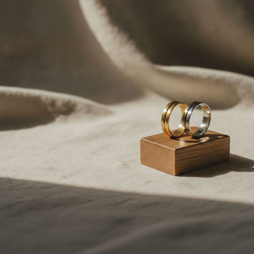 Trauringpaar aus Gelbgold und Platin mit umlaufender schräger Kerbe, die das zweite Metall zeigt