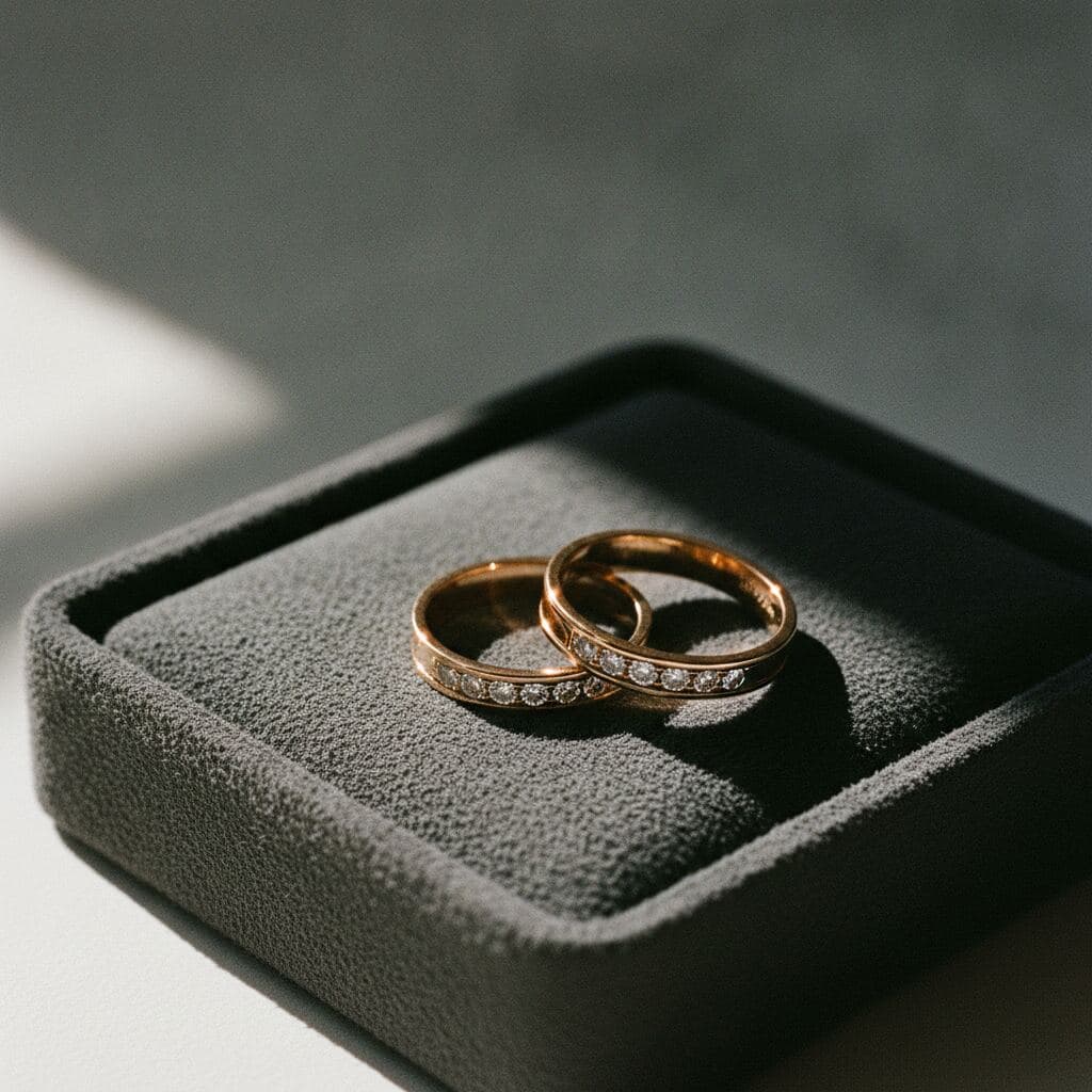 Trauringpaar aus Roségold, der schmalere Ring mit fünf bündig gefassten Brillanten im Kanal