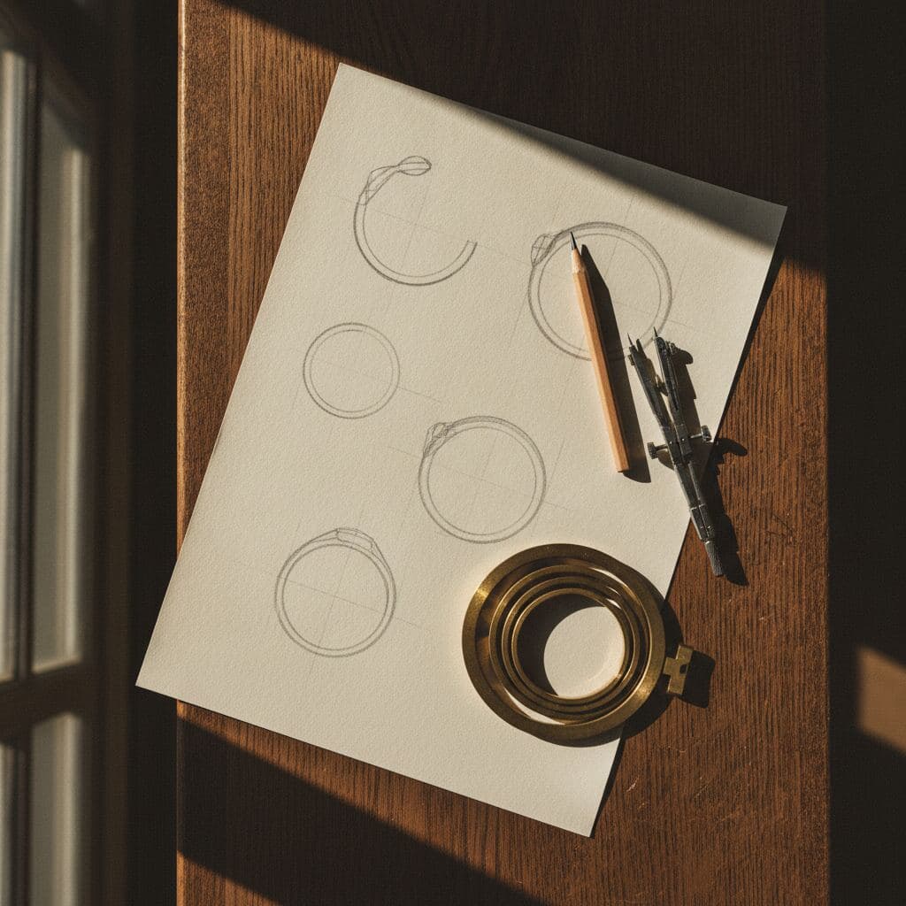 Handgezeichnete Ringentwürfe auf Elfenbeinpapier mit Zirkel und Ringmaß
