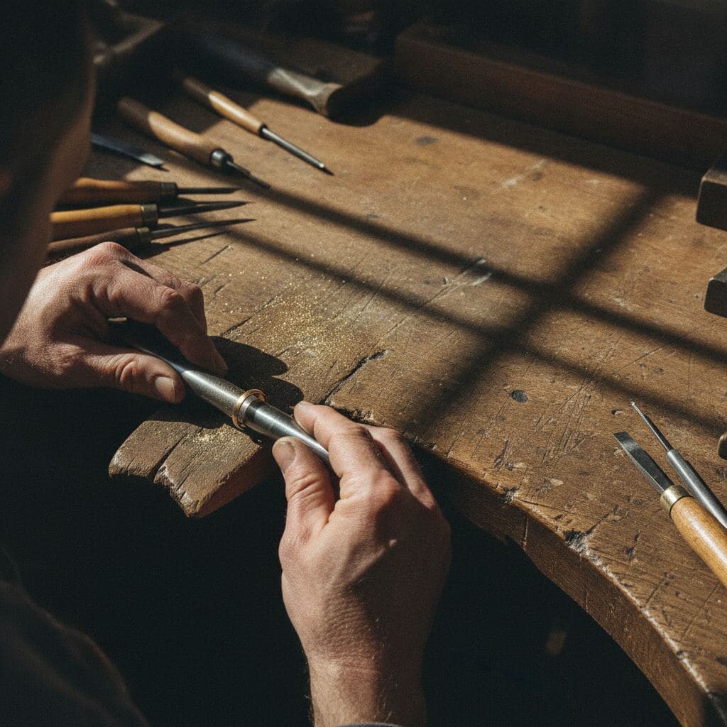 Hände von Marten Müller feilen einen Goldring auf dem Ringriegel an der Werkbank